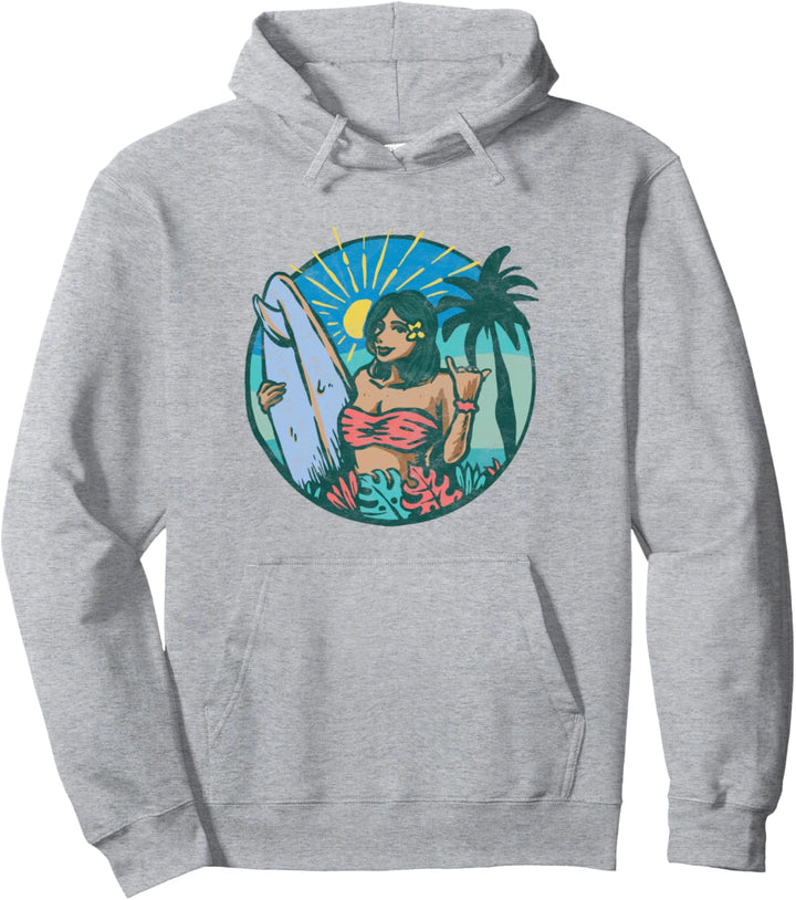 Vintage Distressed Surfer Girl Retro 80s Surfing Graphic Pullover Hoodie