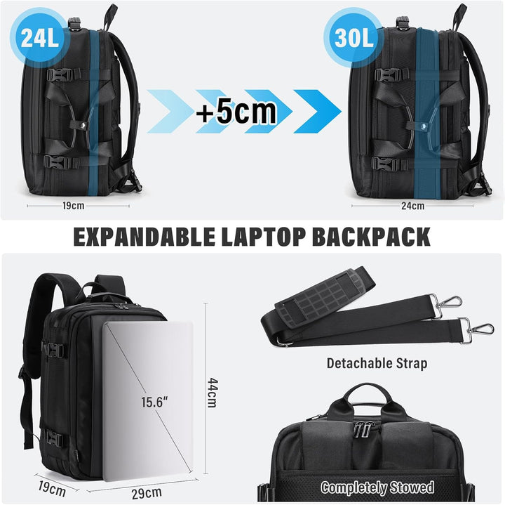 HOMIEE Rucksack für Reise, Kabine, gross, 40 l, Rucksack, Handgepäck, wasserdicht, erweiterbar, für