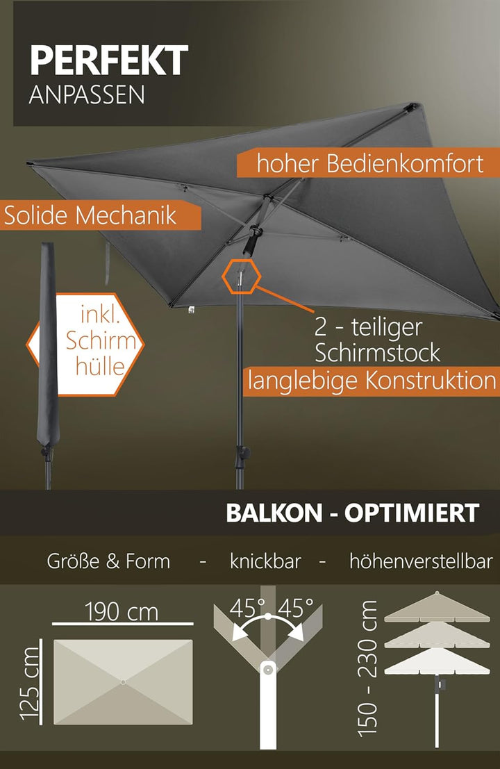 4smile Sonnenschirm Balkon SunnyShade Plus, mit Sonnenschirmhülle - Sonnnenschutz Balkon SET, Anthra