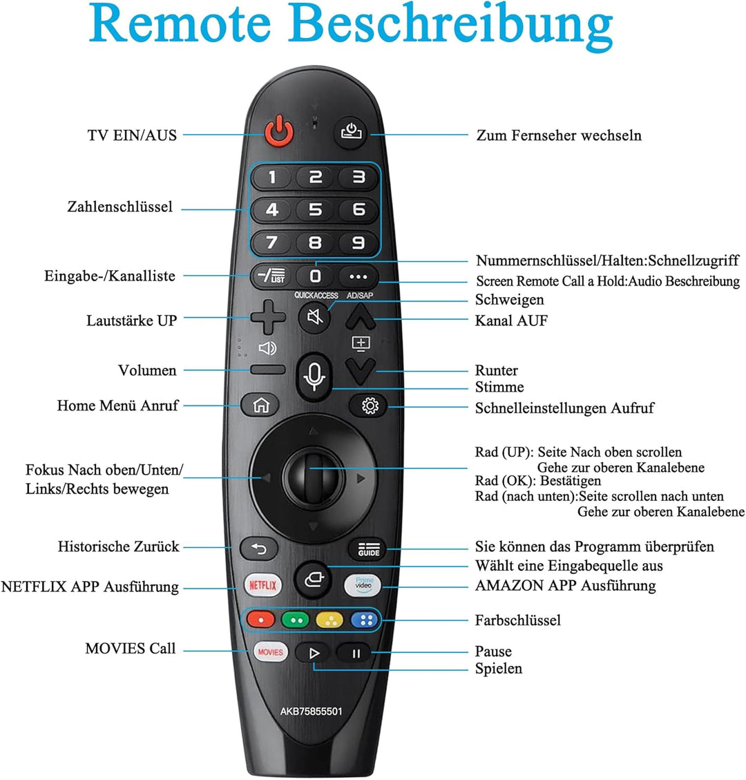 Ersatz Fernbedienung LG Magic Fernbedienung für LG AN-MR20GA AN-MR19BA AN-MR18BA Smart TV 4K Ultra U