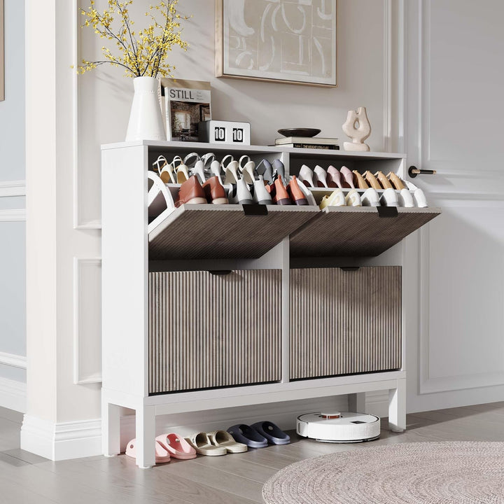Schuhschrank Schmal, Schuhregal Mit 4 Klappen, Schuhkipper Mit Trennwände Verstellbar Und Abnehmbar,