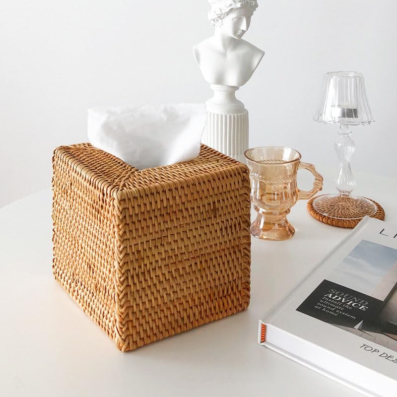 Kosmetiktücherbox aus Rattan, Quadratische Geflochtener Tücherbox Halter, Gewebter Gesichtstuchhalte