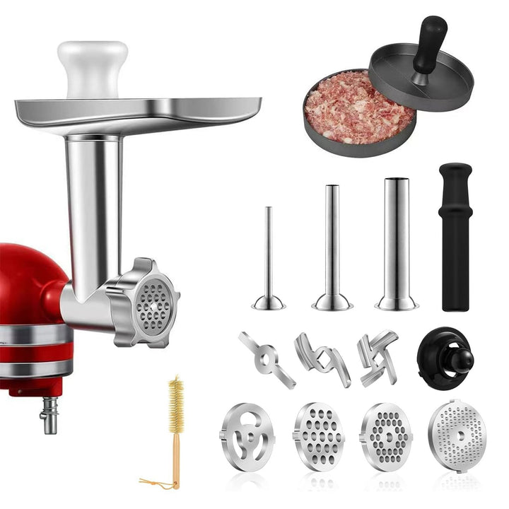 Fleischwolf Aufsatz, Kitchen Aid Zubehör aus Edelstahl mit 4 Mahlscheiben 3 Wurstfüllrohre 3 Klingen