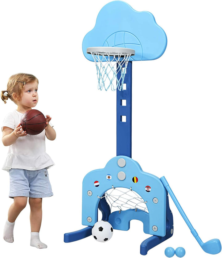 COSTWAY 3 in 1 Kinder Spielplatz, höhenverstellbarer Basketballkorb & Fussballtor & Golf, Basketball