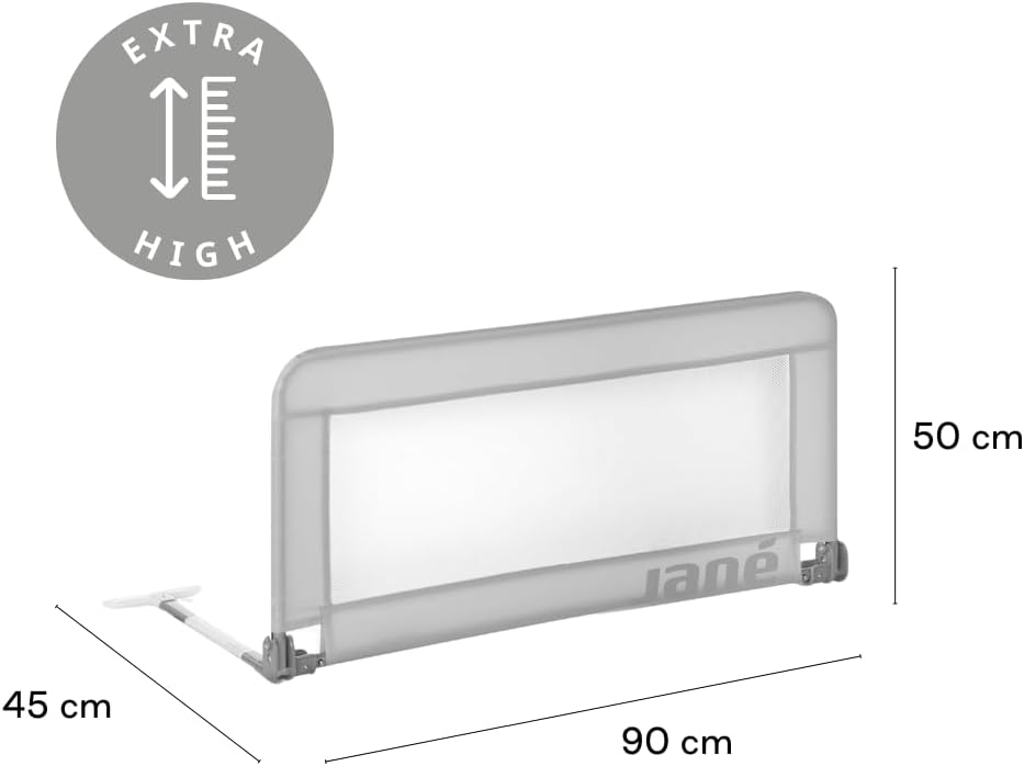 Jané, klappbares Bettgitter, Länge 90 cm, Transporttasche, extra hoch, atmungsaktiv 90 cm Grau, 90 c
