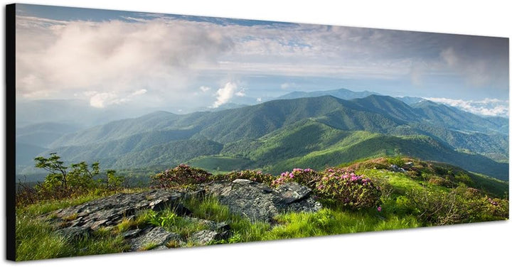 Paul Sinus Art Panoramabild auf Leinwand und Keilrahmen 150x50cm Landschaft Berge Wiese Wolkenhimmel