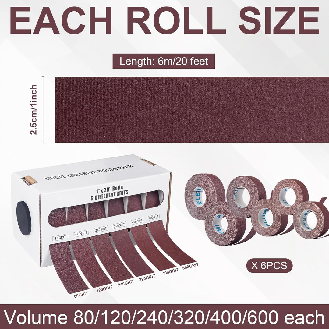 6 Rollen Schleifpapier Rolle mit Spender, 2,5 cm x 6 m Schleifleinen 80/120/240/320/400/600 Körnung,