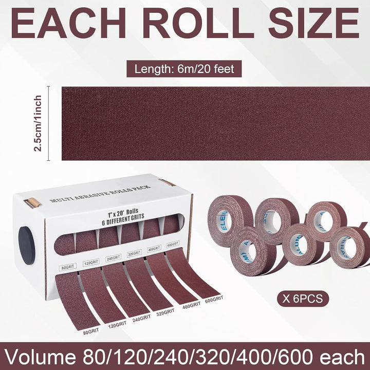 6 Rollen Schleifpapier Rolle mit Spender, 2,5 cm x 6 m Schleifleinen 80/120/240/320/400/600 Körnung,