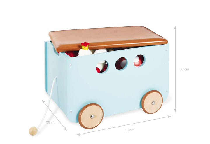 Pinolino Spielzeugkiste Jim, aus Holz und Kunstleder, mit Zugschnur und gummierten Holzrädern, Decke