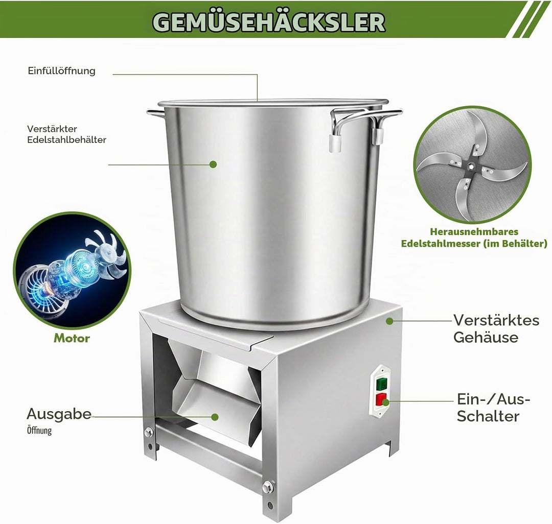 Futterhäcksler aus Edelstahl Für Nutztiere,1800W elektrischer Gemüsezerkleinerer, kleiner Gemüsezerk
