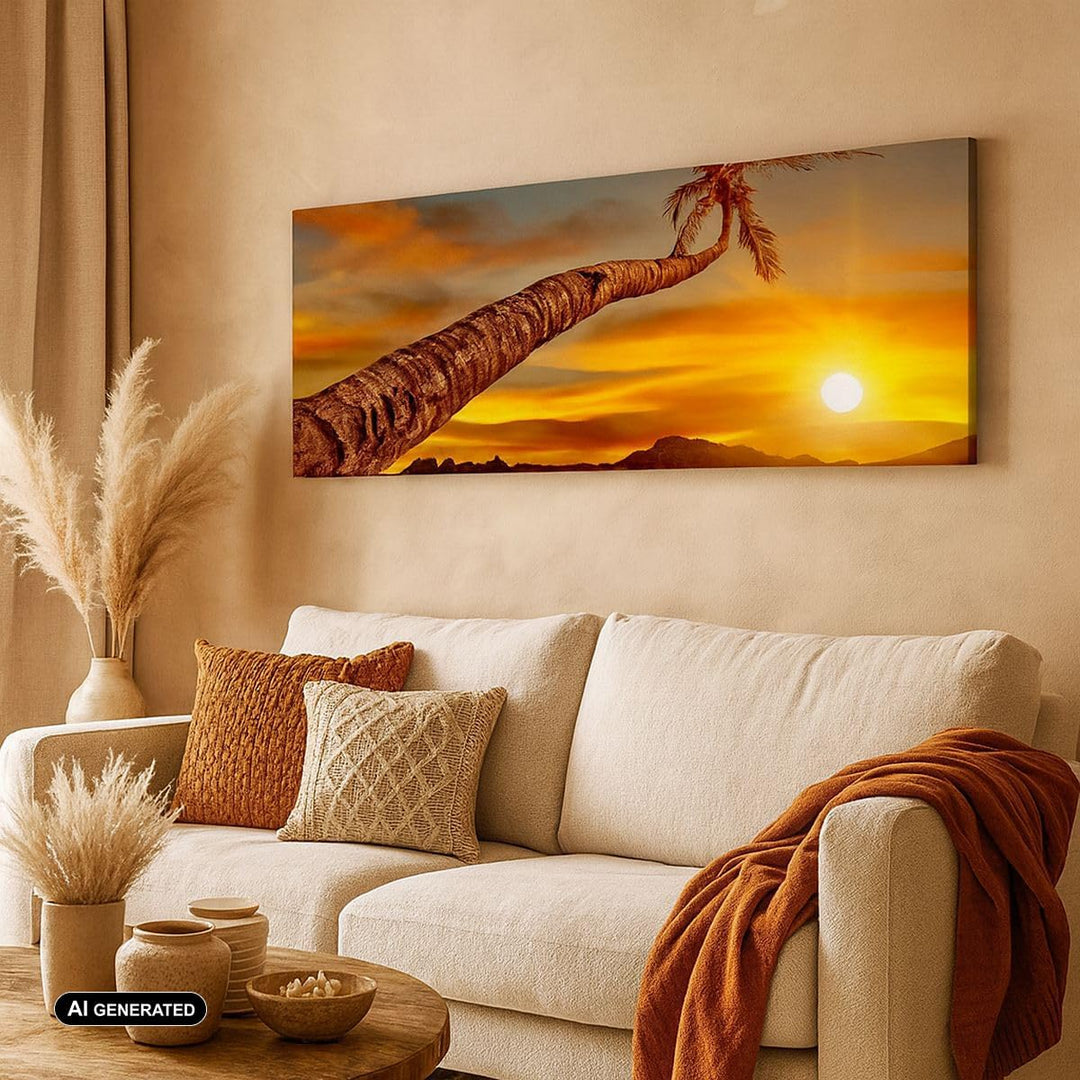Wandbilder Dekoration Wohnzimmer Palme Landschaft Sonne Panorama Bilder auf Leinwand 120x50cm Leinwa