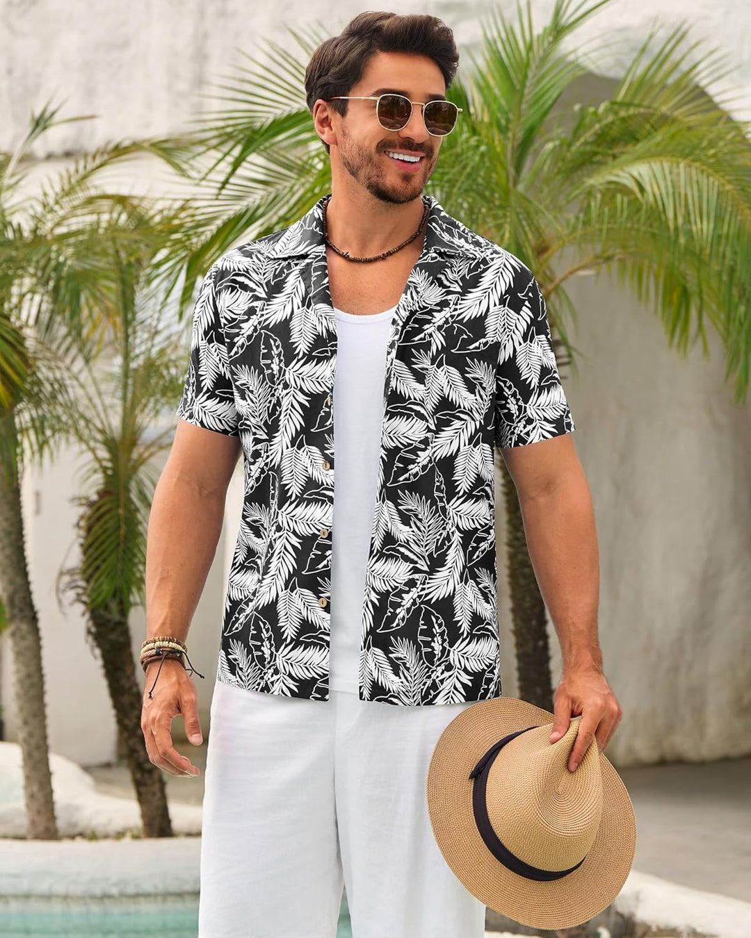 Beotyshow Herren Hawaiihemd Freizeit Hemd Kurzarm Baumwolle Blumen Shirt Urlaub Sommer Strand Hemd R