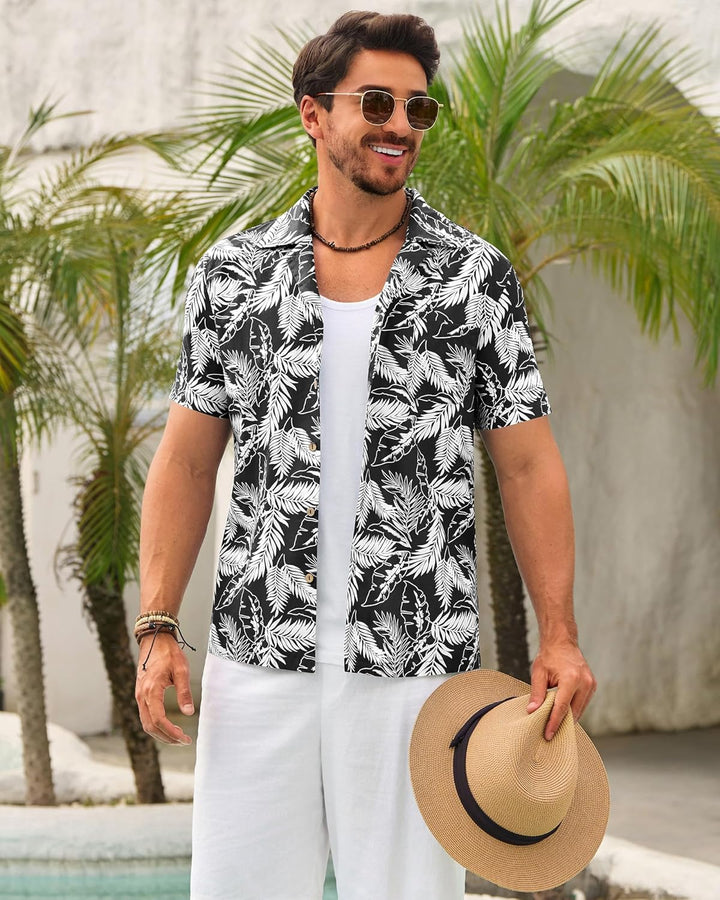 Beotyshow Herren Hawaiihemd Freizeit Hemd Kurzarm Baumwolle Blumen Shirt Urlaub Sommer Strand Hemd R