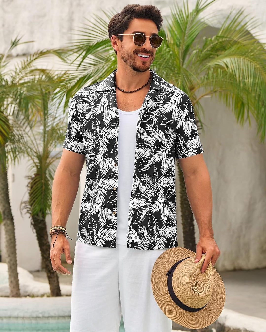 Beotyshow Herren Hawaiihemd Freizeit Hemd Kurzarm Baumwolle Blumen Shirt Urlaub Sommer Strand Hemd R