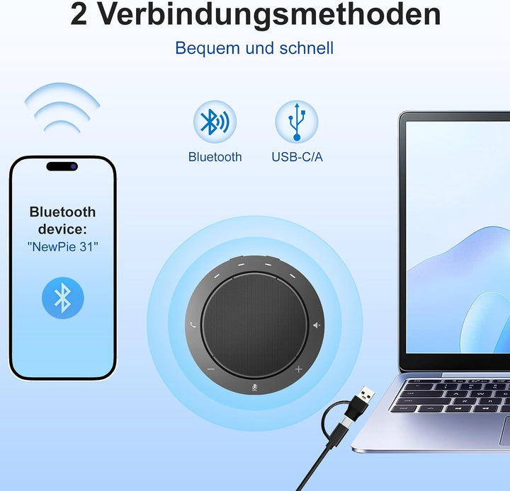 Konferenzlautsprecher mit 2 geräuschunterdrückend Mikrofon, 360°-Spracherfassung, klarer Klang, 10–1