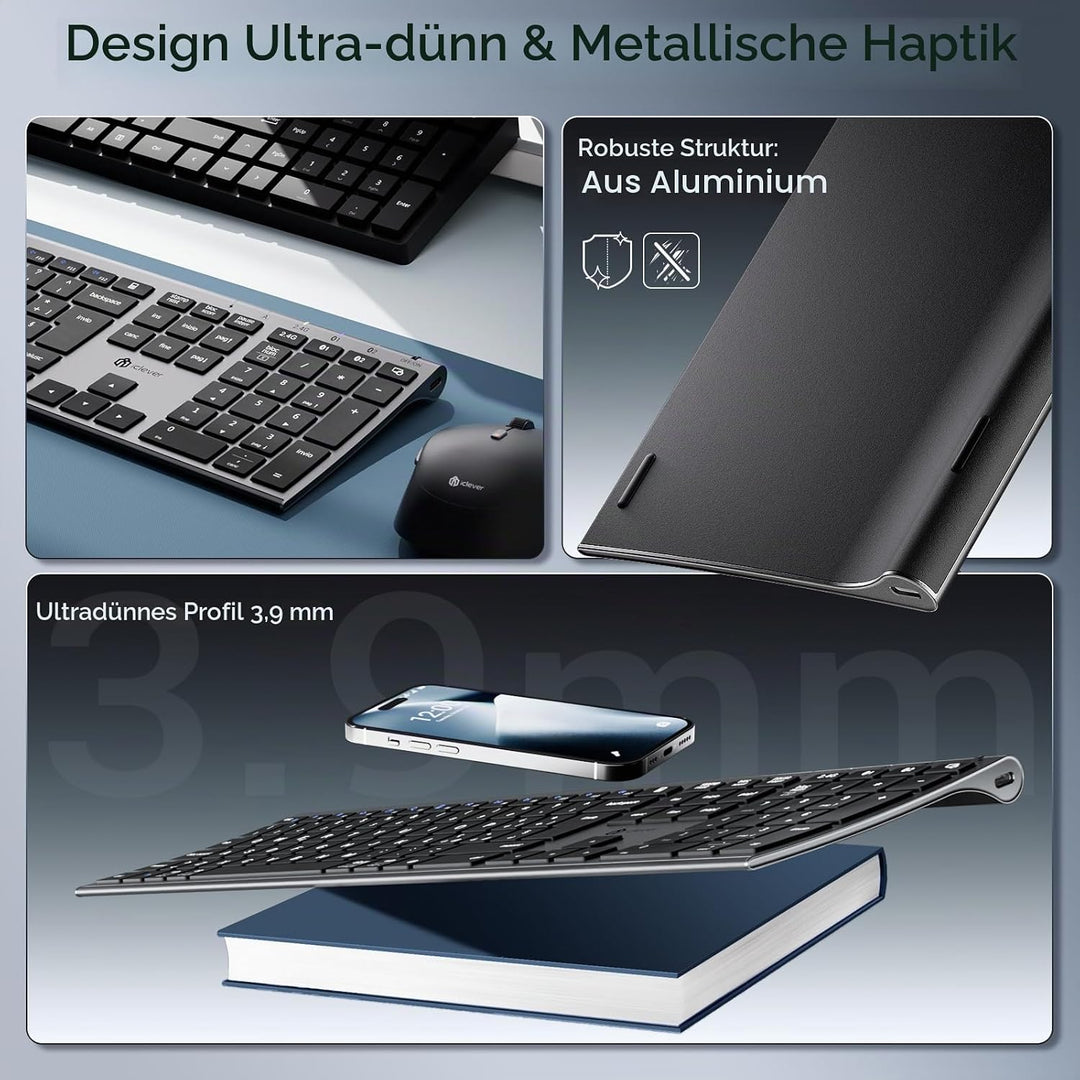 iClever Kabellose Bluetooth-Tastatur und Maus, Dual-Modus (Bluetooth + 2,4 G), wiederaufladbar, ital