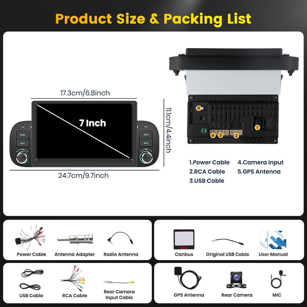 Hikity 2G+64G Autoradio Android 15 für FIAT Panda 2003-2012 mit 7-Zoll-Touchscreen, Autoradio für FI