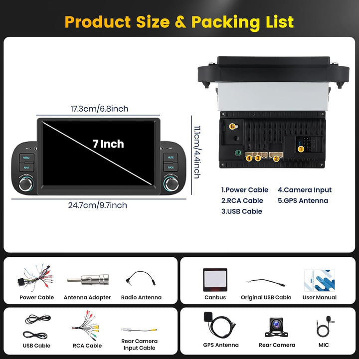 Hikity 2G+64G Autoradio Android 15 für FIAT Panda 2003-2012 mit 7-Zoll-Touchscreen, Autoradio für FI