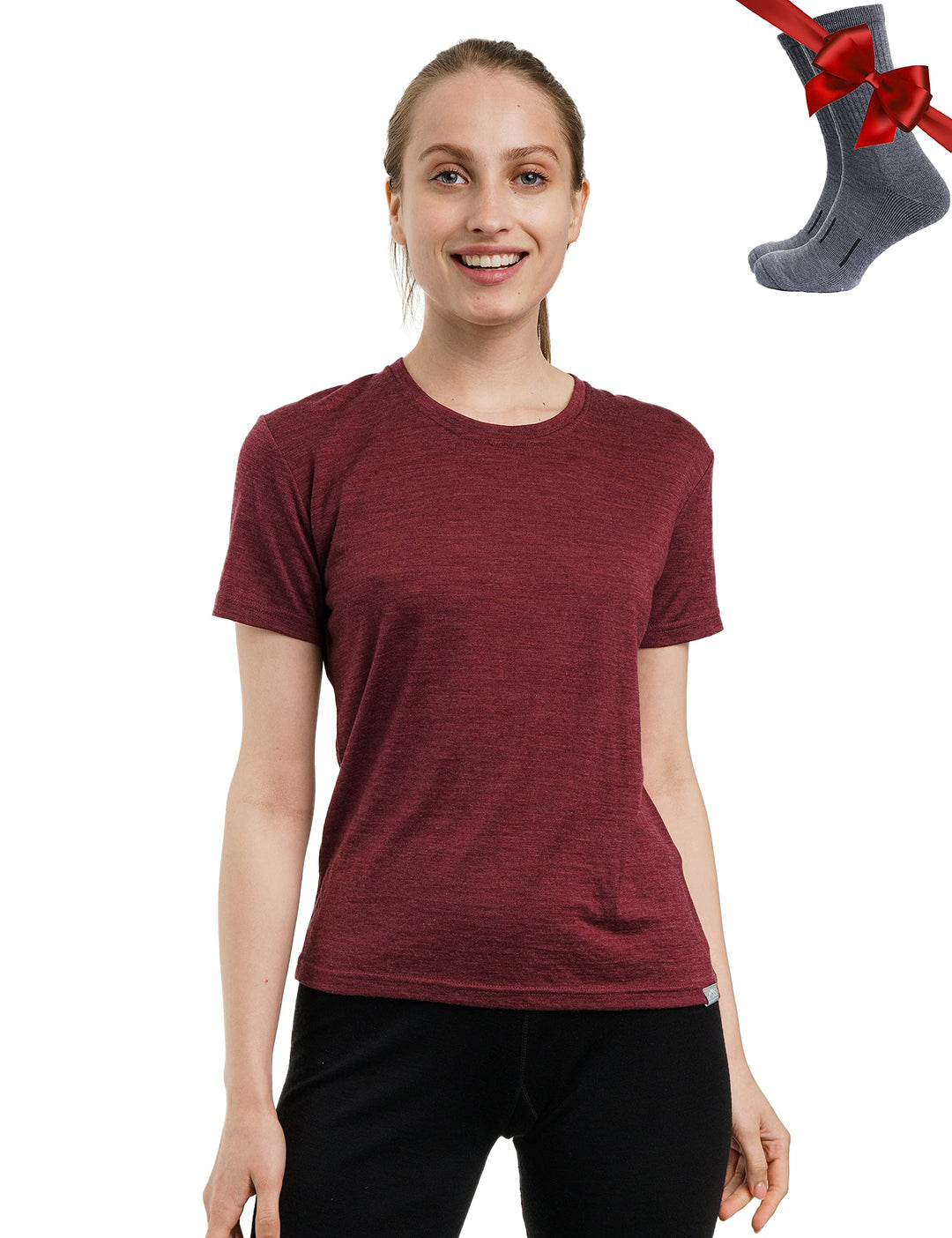 Merino.tech 100% Merino T Shirt Damen - Merinowolle Sport Wandern Thermoshirt Damen + Wandersocken B