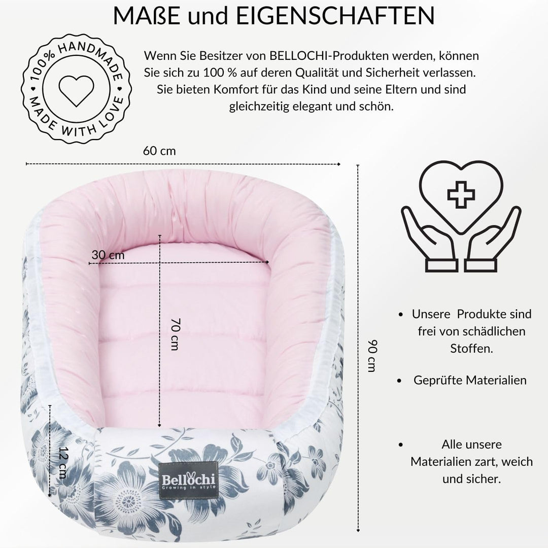 Bellochi Growing in style Premium Babynestchen Neugeborene - Nestchen Baby 90x60x12cm - 100% Baumwol
