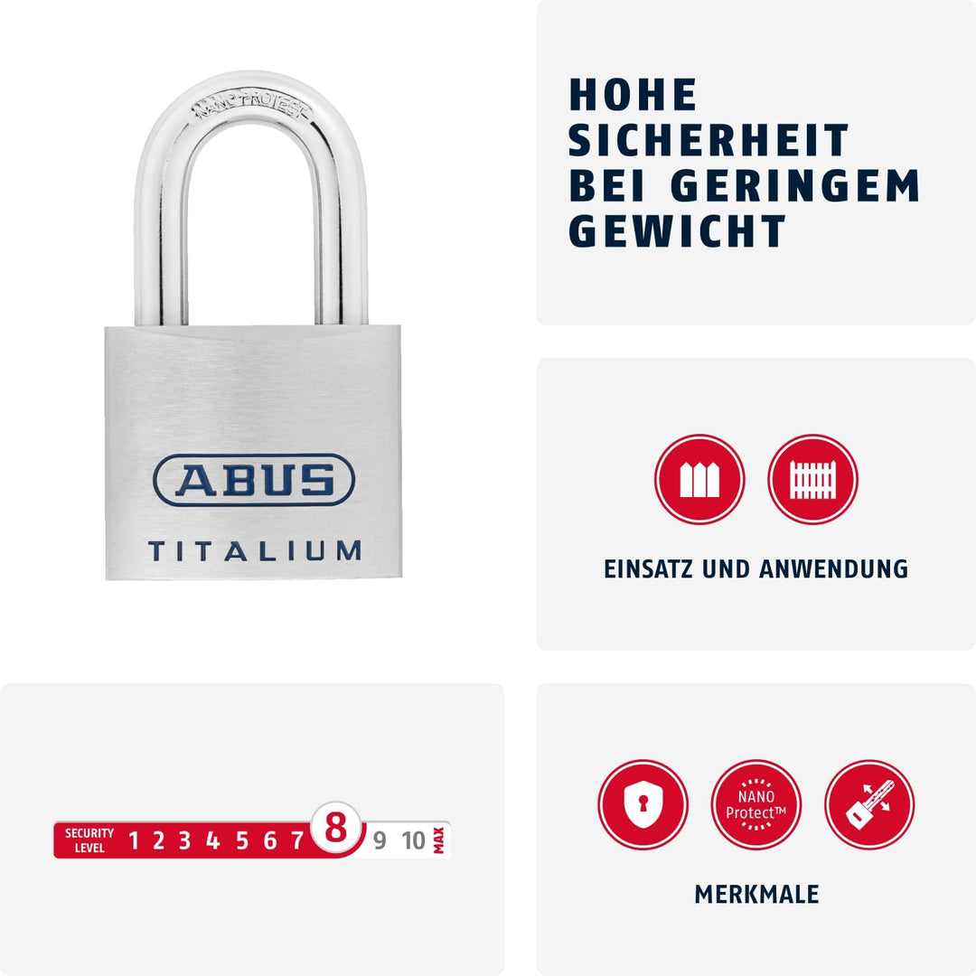 ABUS Titalium Vorhängeschloss 96TI/60 - leichter Schlosskörper aus massivem Spezial-Aluminium - Kell