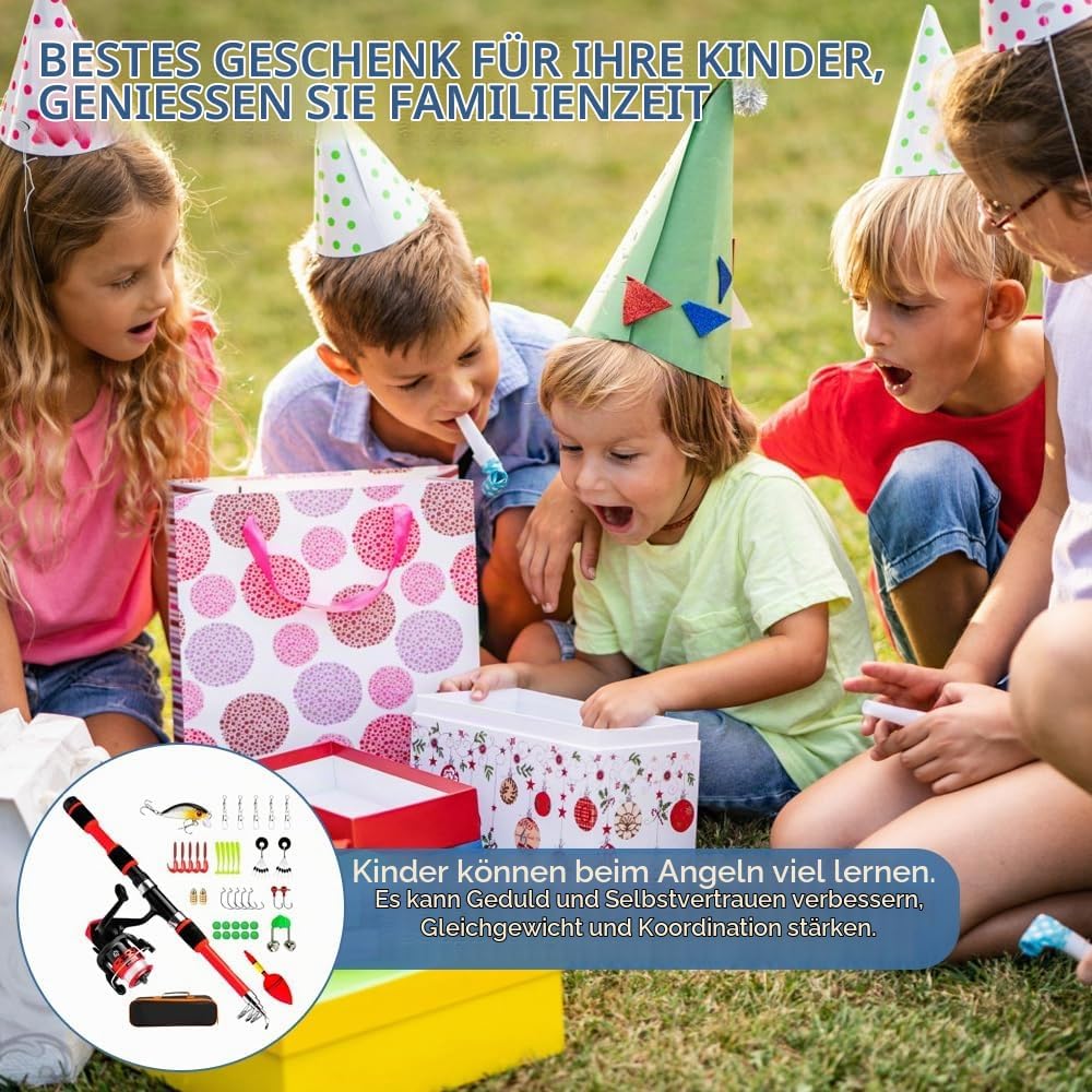 Angelset für Kinder, Kinderangel Starter Set mit Angelrolle und Köder, Tragbare Kinder Angelset, Kom