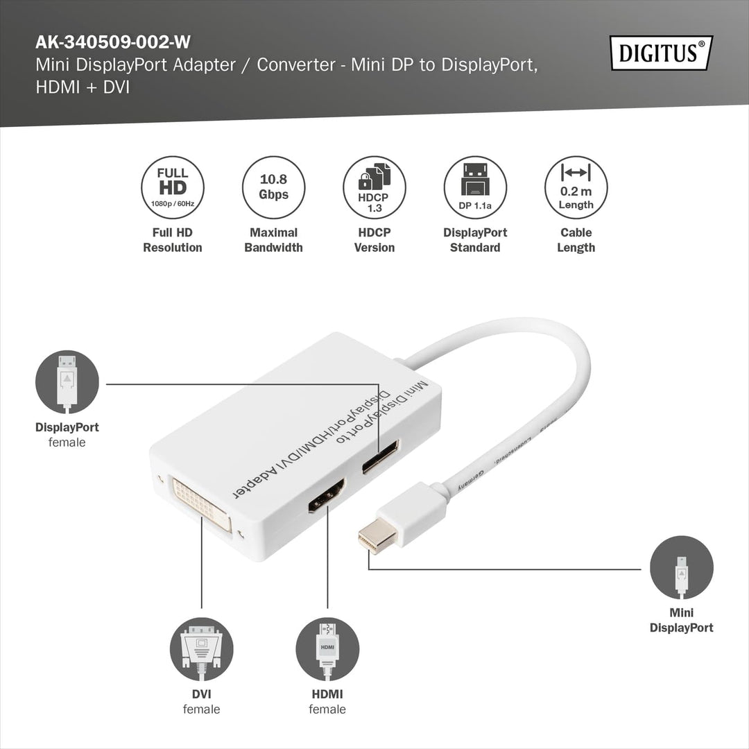 DIGITUS Mini DisplayPort Grafik Y Adapter, mDP zu DVI-D + HDMI + VGA, Full HD 60 Hz, Weiss