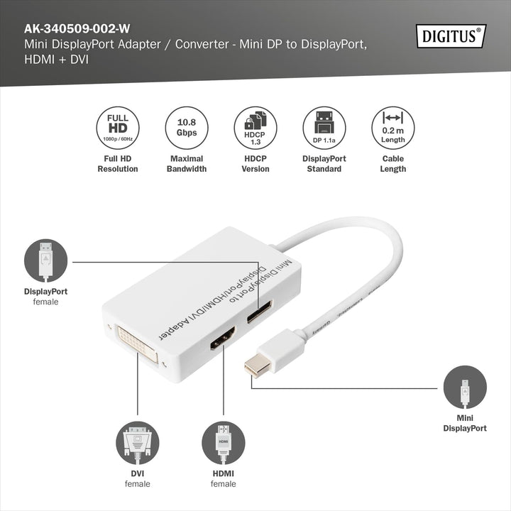 DIGITUS Mini DisplayPort Grafik Y Adapter, mDP zu DVI-D + HDMI + VGA, Full HD 60 Hz, Weiss