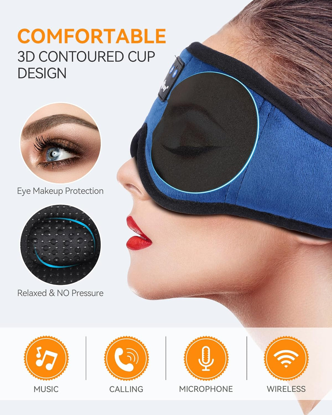 Bluetooth-Kopfhörer zum Schlafen, 100 % blickdicht, seitlich 3D-Blau, 3D-Blau