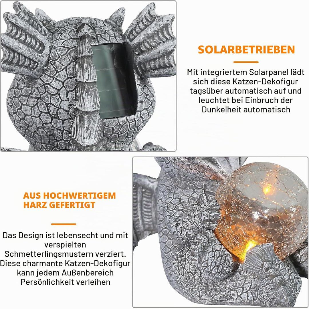 PORFOYO Drachen Figuren Gartendeko Für Draussen, Gartendrachen Figuren Deko Rundes Licht, Garten Dek
