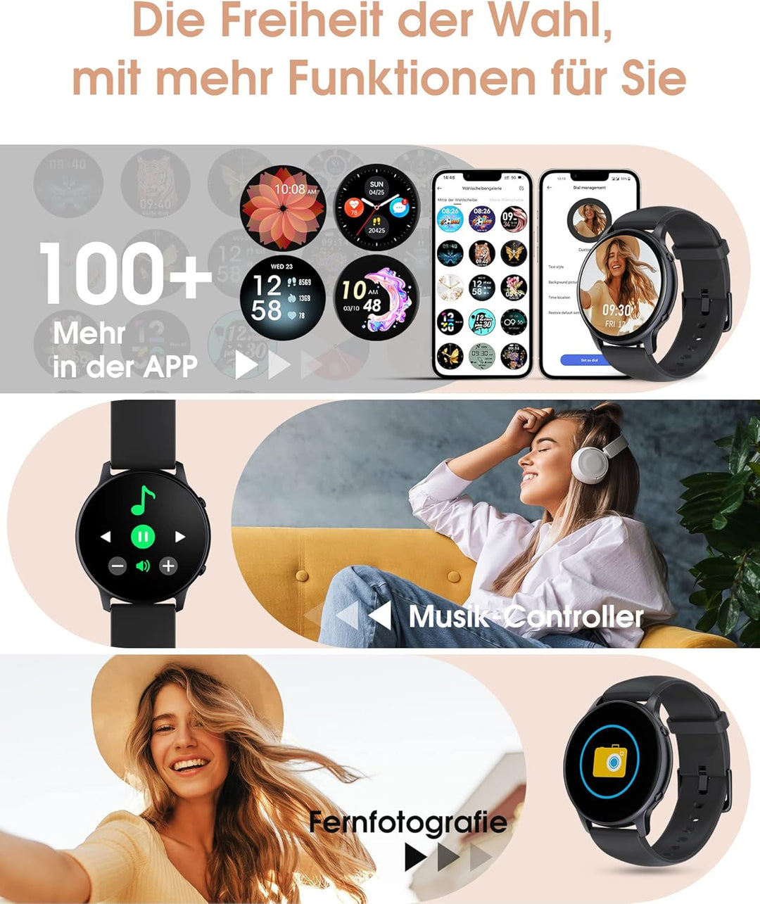 TUYOMA Smartwatch Herren, 1,3 Zoll Touchscreen Smart Watch Damen, IP68 Wasserdicht Smartwatches Schr