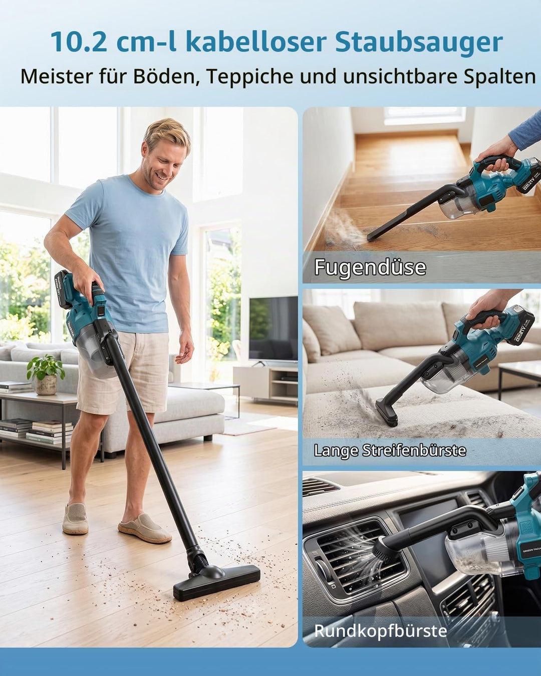 Akku Staubsauger Kompatibel mit Makita 18V, 16000Pa 4-in-1 Akku Handstaubsauger mit 2X 4.0Ah, 4 Bürs