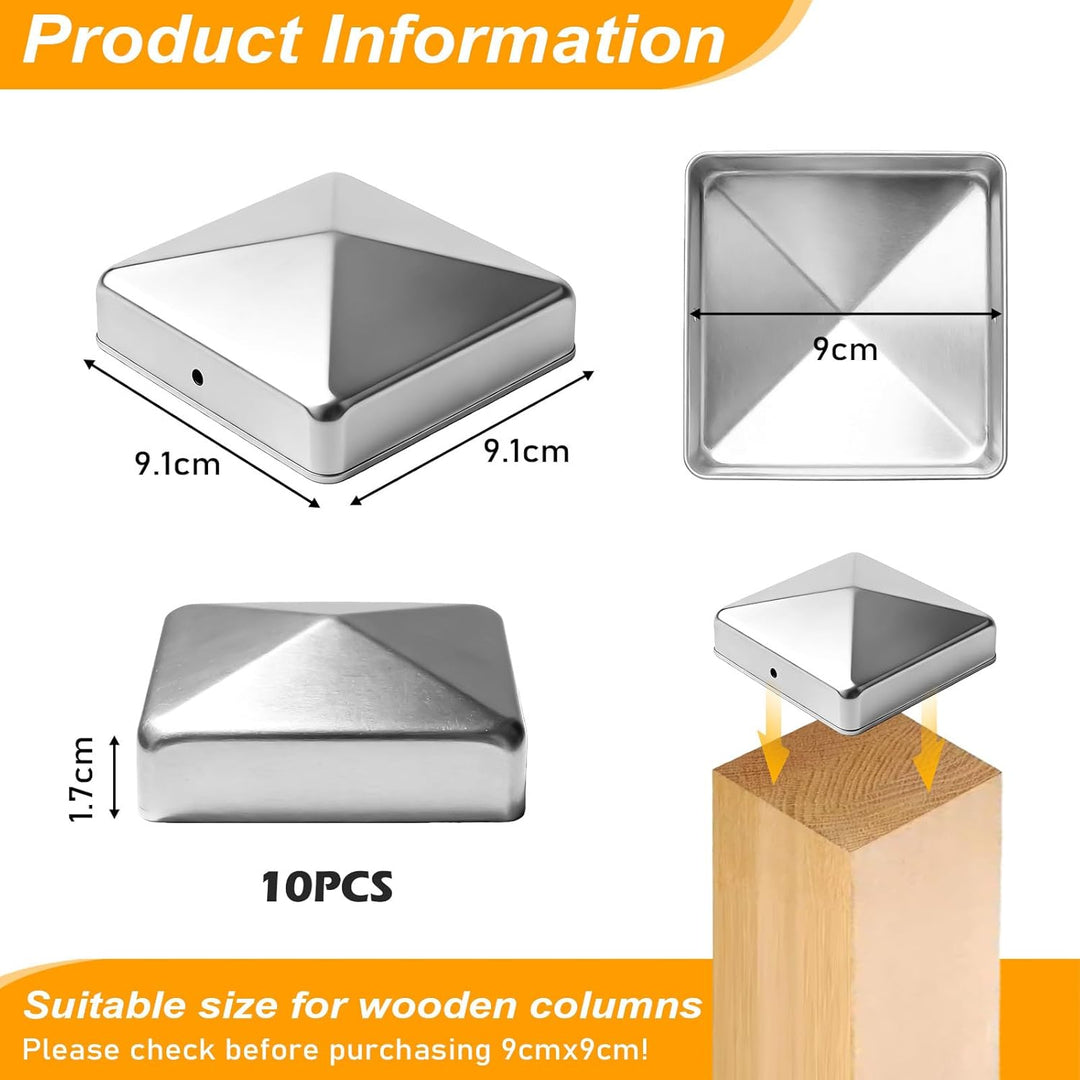 10 Stück Pfostenkappen 9X9CM,Edelstahl Pfostenkappe,Abdeckkappe Für Pfosten,Zaunpfosten Kappen,Abdec