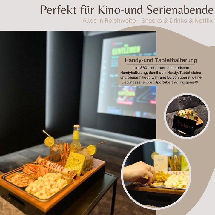 Lukada Premium Couchbar Snackbox | XXL Snackschale & 4 Getränkehalter | Akazien Holz & Bambus Sofata