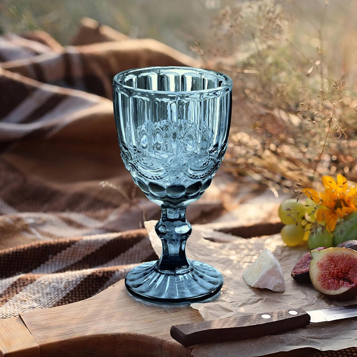 Joeyan Blau Vintage Weingläser mit Geprägtem Design,Farbiger Relief Rotweingläser Weissweingläser,Tr