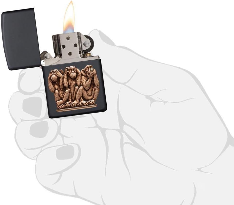 Zippo 29409 Three Monkeys Benzinfeuerzeug, Messing, Black Matte, 1 x 6 x 6 cm