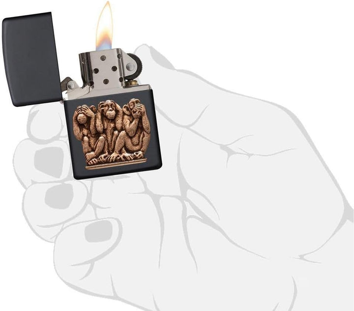 Zippo 29409 Three Monkeys Benzinfeuerzeug, Messing, Black Matte, 1 x 6 x 6 cm