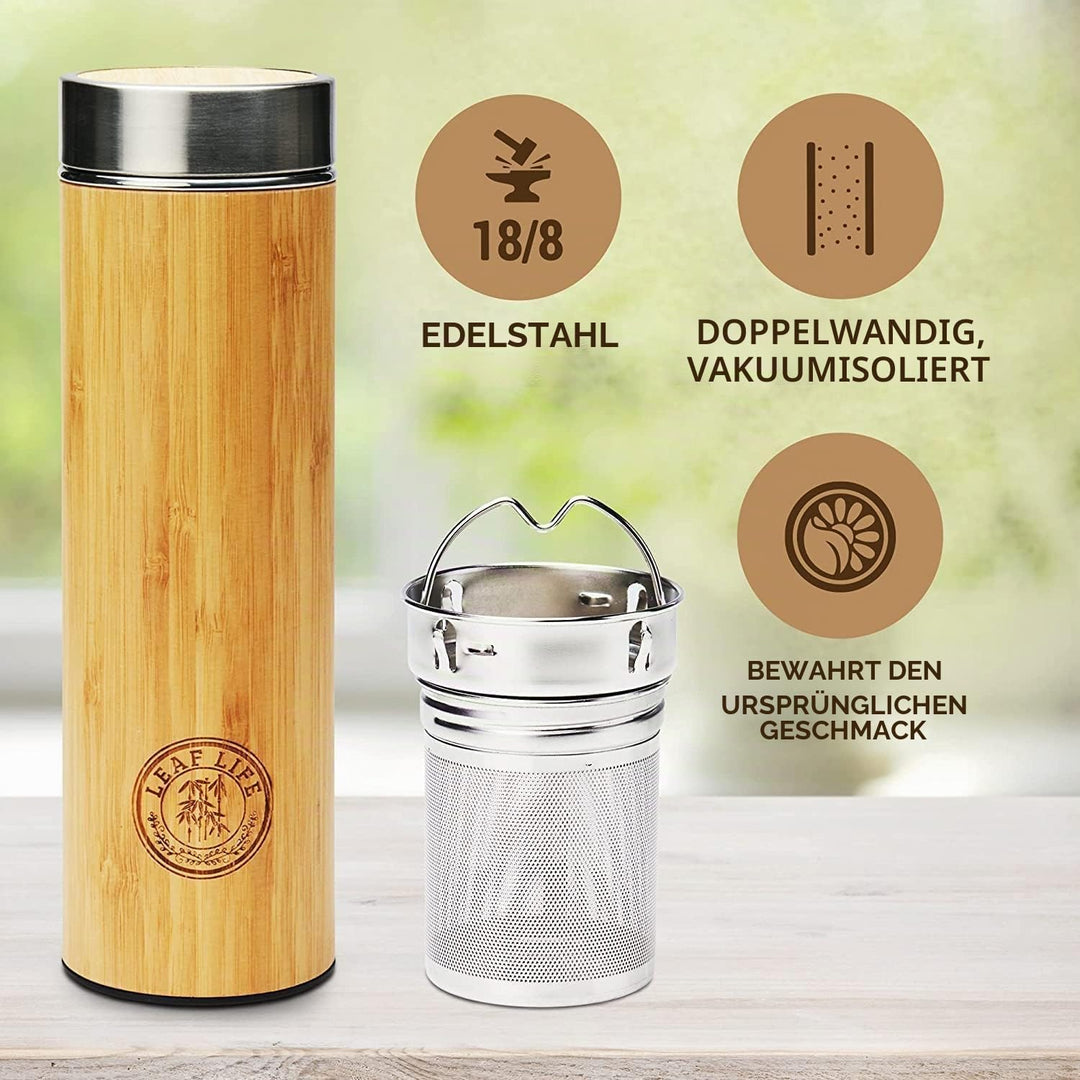 LeafLife Teeflasche mit Sieb to Go - 500ml Tea infuser aus Bambus - Teeflasche to go für Teeblätter