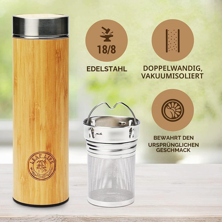 LeafLife Teeflasche mit Sieb to Go - 500ml Tea infuser aus Bambus - Teeflasche to go für Teeblätter