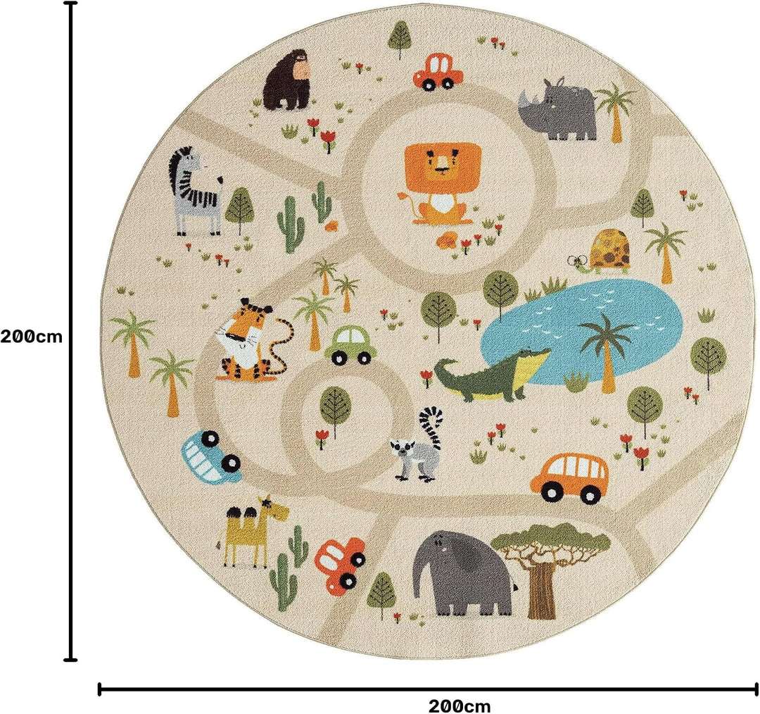 the carpet Happy Life – Kinderteppich Spielteppich mit Strassen‑Motiv, Dschungel, Tiere &amp; Autos, rut