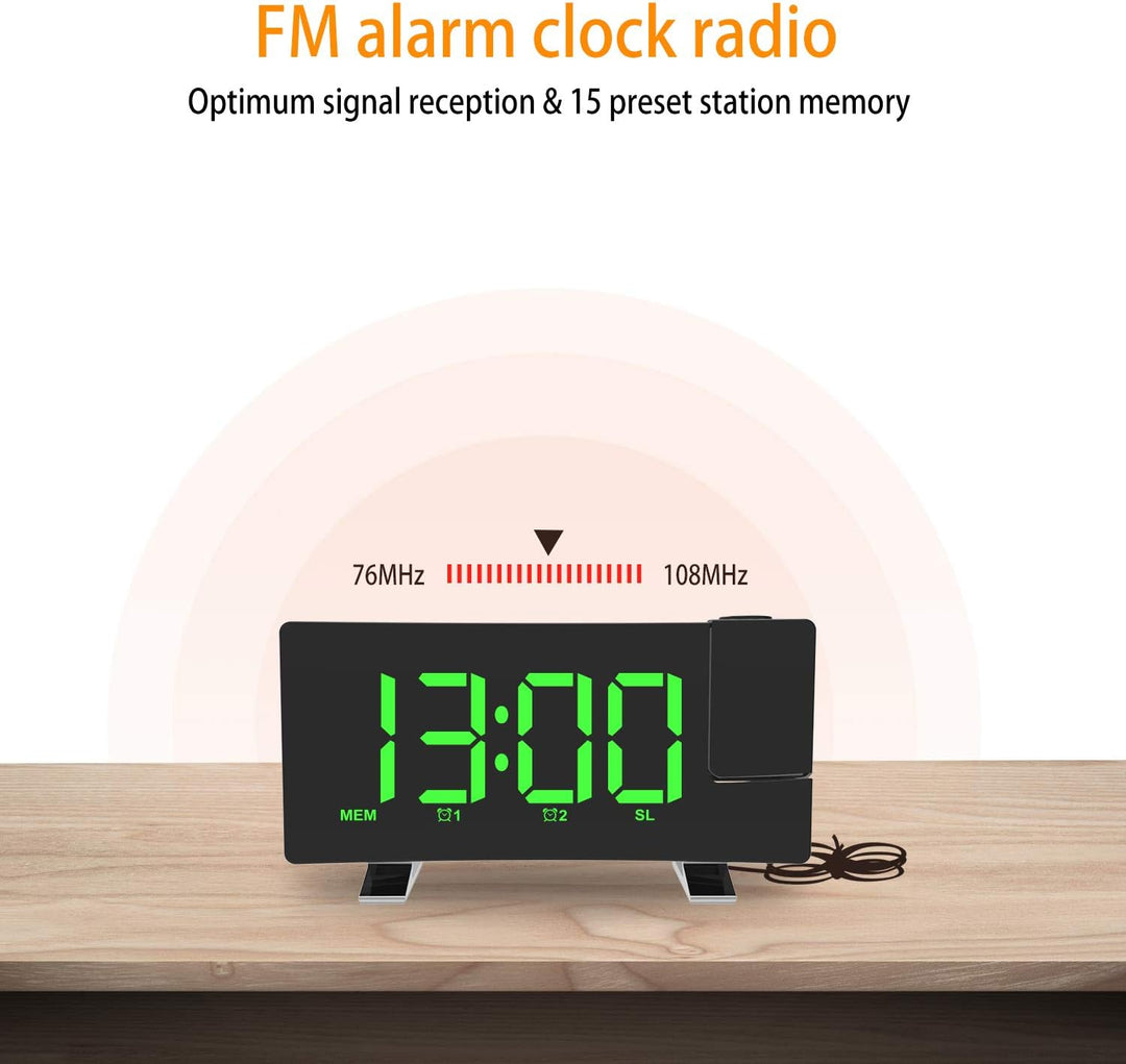 VORRINC Projektionswecker, Digital Wecker Radiowecker mit Projektion 180 °, USB-Anschluss Doppelalar