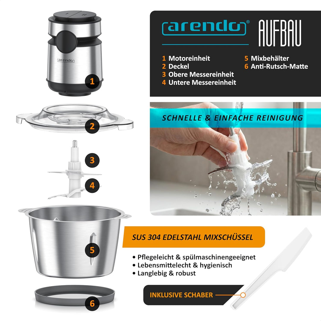 Arendo - Multi Zerkleinerer elektrisch Edelstahl – extra starker 500 W Motor – 2 L Fassungsvermögen