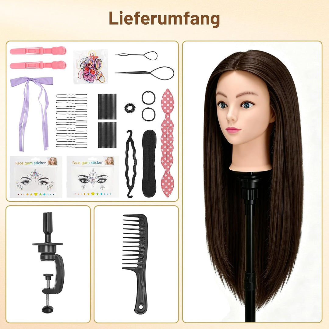 TwoWin 24 Zoll /60 cm Trainingsköpfe für Friseure, Frisierkopf mit 80% Echthaar, Übungskopf Friseurk