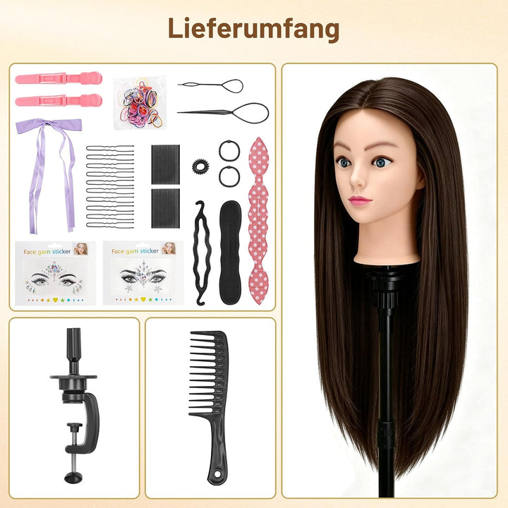 TwoWin 24 Zoll /60 cm Trainingsköpfe für Friseure, Frisierkopf mit 80% Echthaar, Übungskopf Friseurk