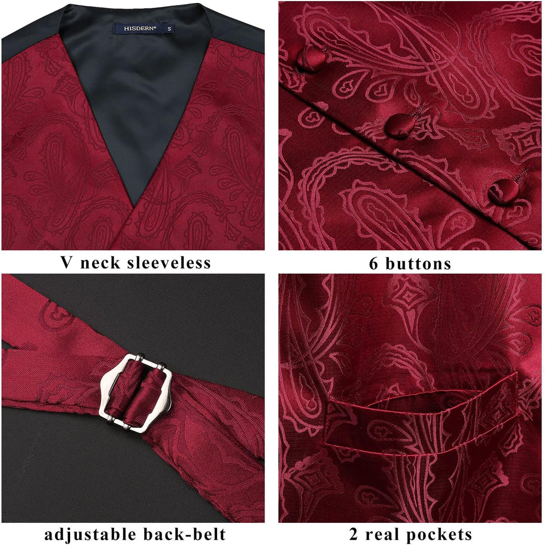 HISDERN Herren FLoral Hochzeit Weste Krawatte Einstecktuch Taschentuch Jacquard Weste Anzug Set S Bu