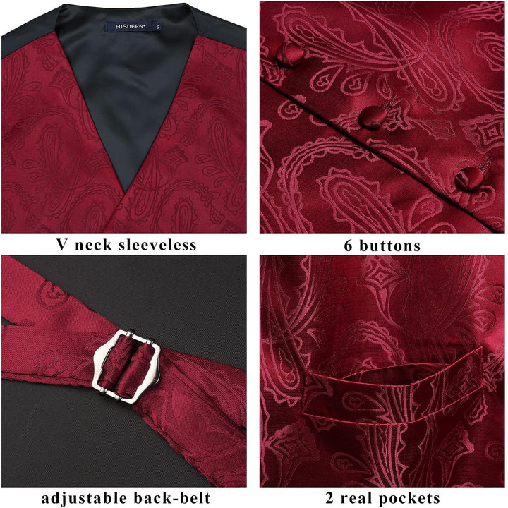 HISDERN Herren FLoral Hochzeit Weste Krawatte Einstecktuch Taschentuch Jacquard Weste Anzug Set S Bu
