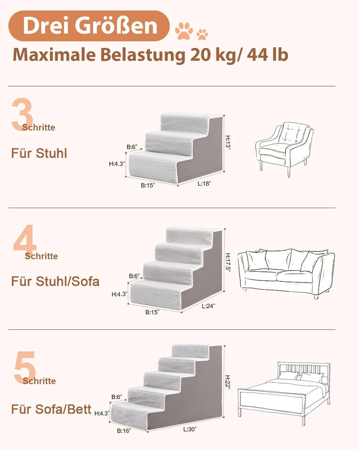 KSIIA Hundetreppe für Kleine Hunde 55cm Hoch, Haustiertreppe mit Abnehmbarem Waschbarem Bezug, Katze