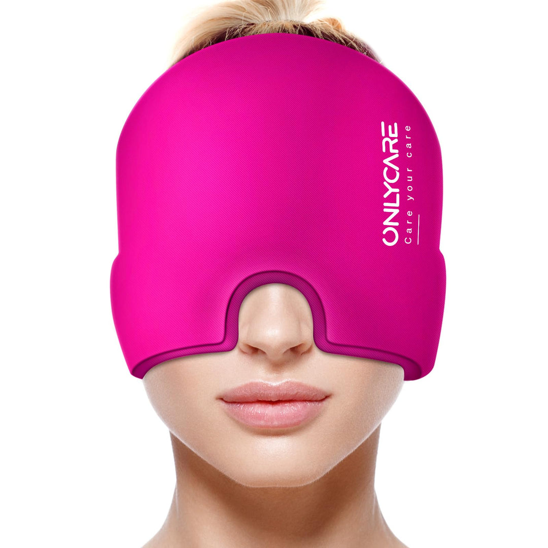 ONLYCARE Migräne Maske, Upgraded Kühlmaske Schlafmaske Kühlmütze Kühlhaube 360° Gel Surround kühlpad