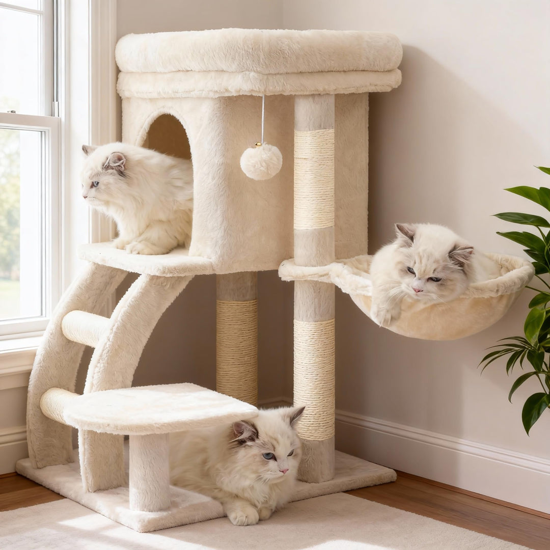 Heybly Katzenbaum, kleiner Kratzbaum für Katzen, 75 cm hoch, mit oberer Plattform, Hängematte, Klett