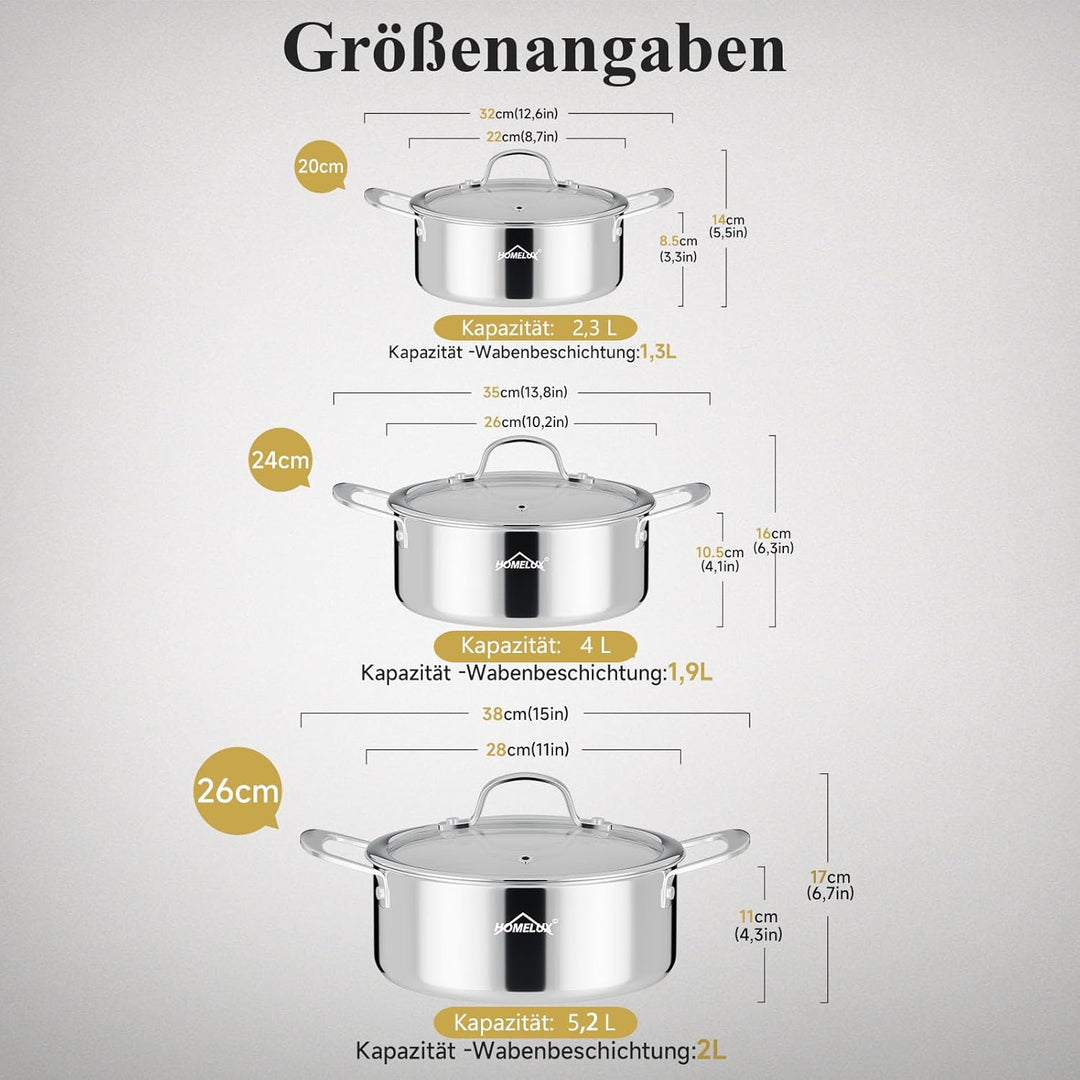 Homelux Topfset Induktion 6-teilig Edelstahl 20cm 1,3L/24cm 1,9L/26cm 2L Kochtopf Set mit Antihaftbe